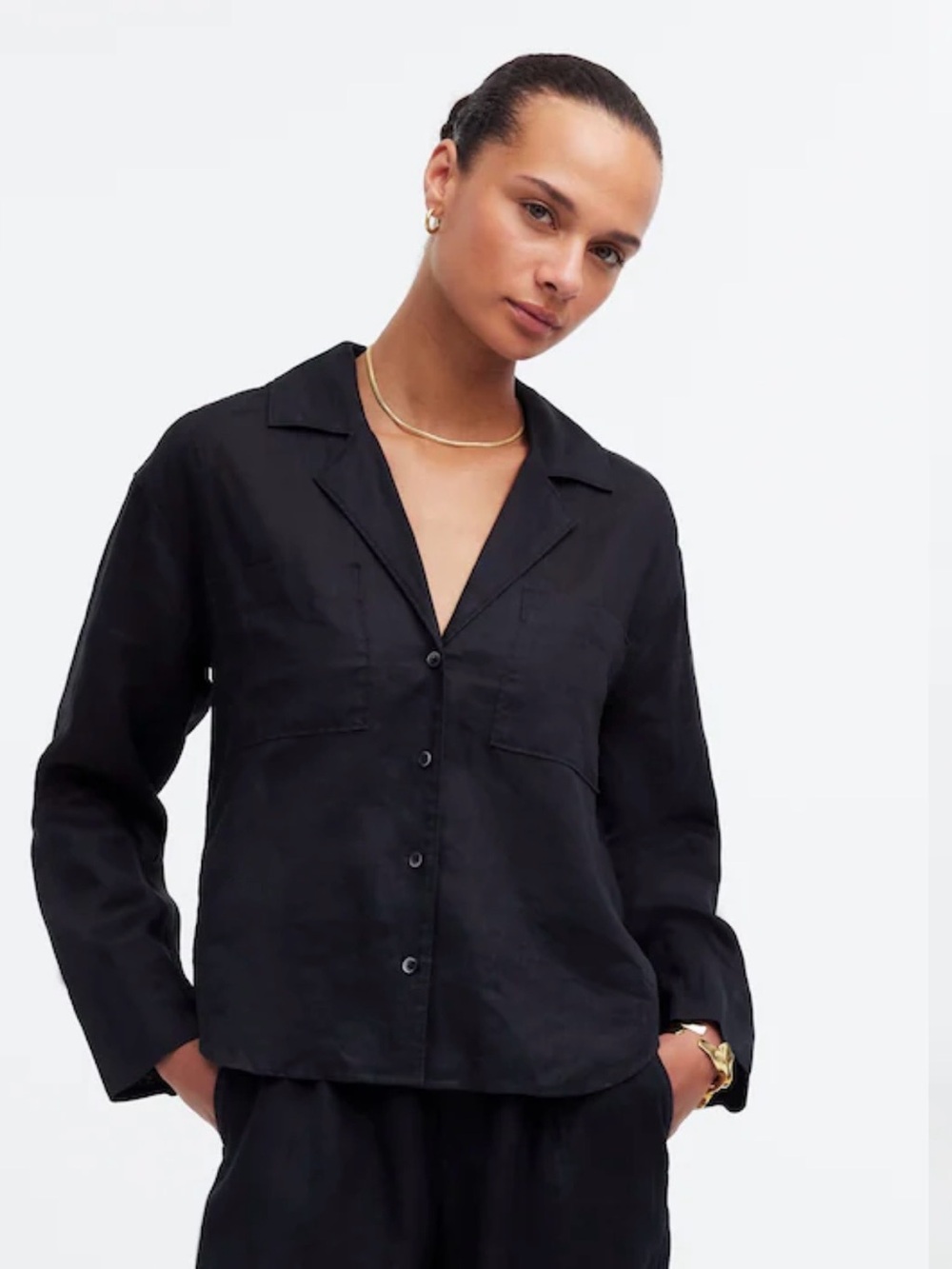 Madewell Resort Size Small Button-Down Long Sleeve Shirt in Black Ramie GUC